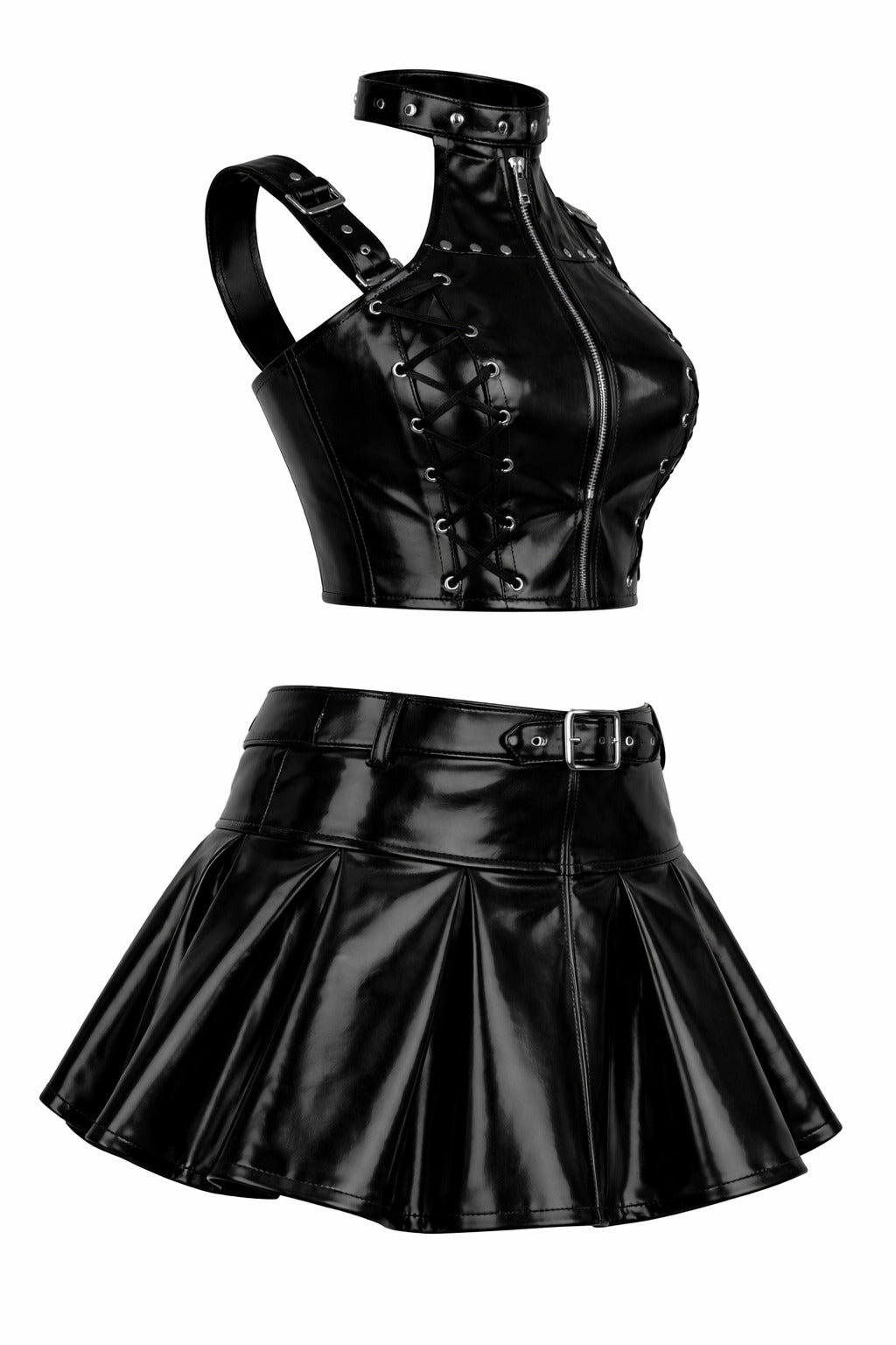 Black PVC Corset with Pleated Skirt & Strap Detail Set