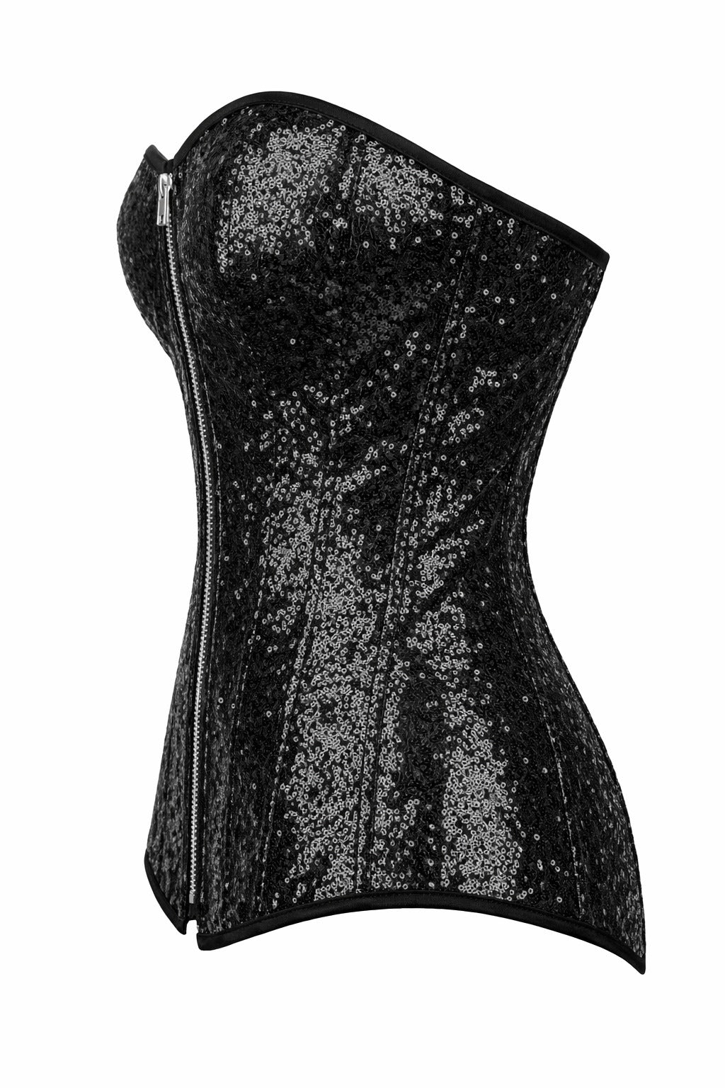 Black Sequin Overbust Corset with Front Zipper
