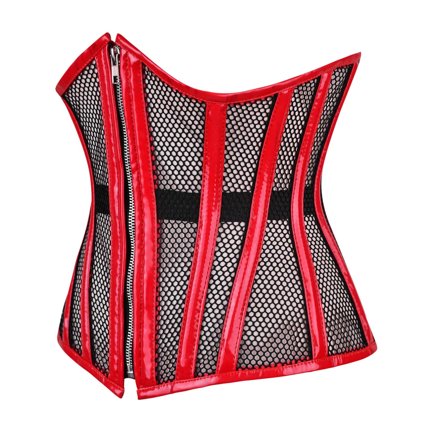 Red and Black Mesh & Leather Overbust Corset
