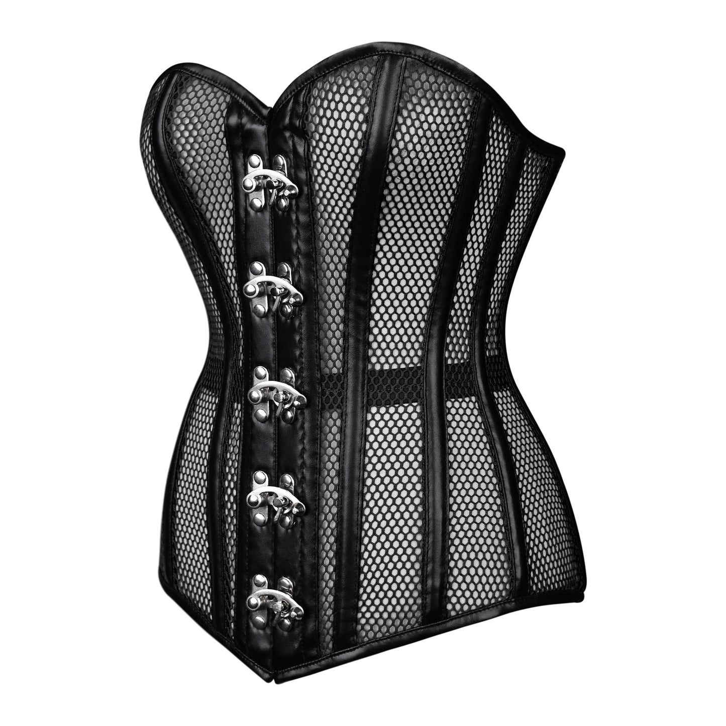 Handmade Black Mesh Faux Leather Steel Busk Overbust Corset