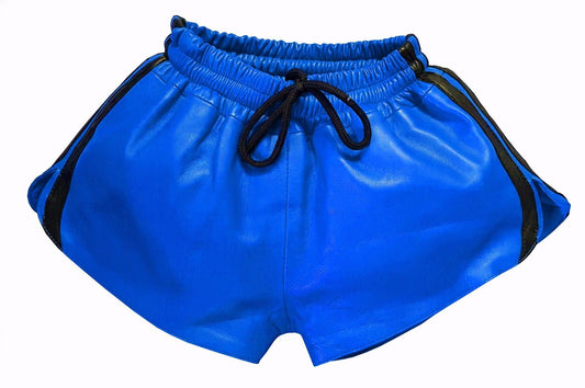 Men Blue Real Leather Shorts w/ Elastic Band