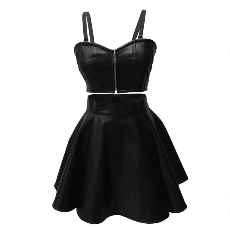 Handmade Black Faux Leather Zipper Bustier Top & Casual Skirt Outfit.