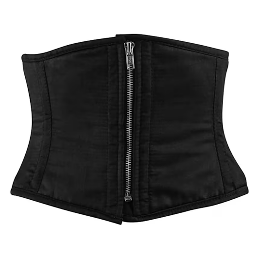 Handmade Black Satin Steel Boned Front Zipper Mini Cincher Corset