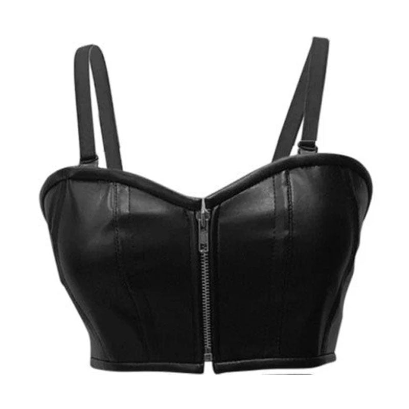 Handmade Black Faux Leather Zipper Bustier Top & Casual Skirt Outfit.