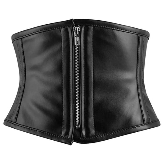 Handmade Black Faux Leather Steel Boned Front Zipper Mini Cincher Corset