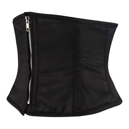 Handmade Black Satin Steel Boned Front Zipper Mini Cincher Corset