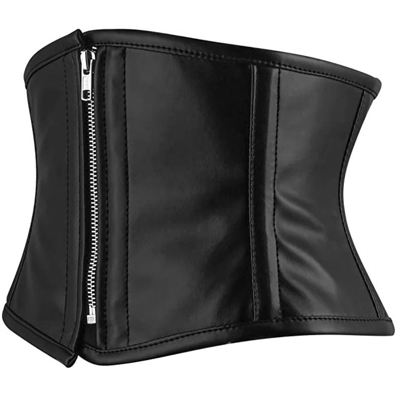 Handmade Black Faux Leather Steel Boned Front Zipper Mini Cincher Corset