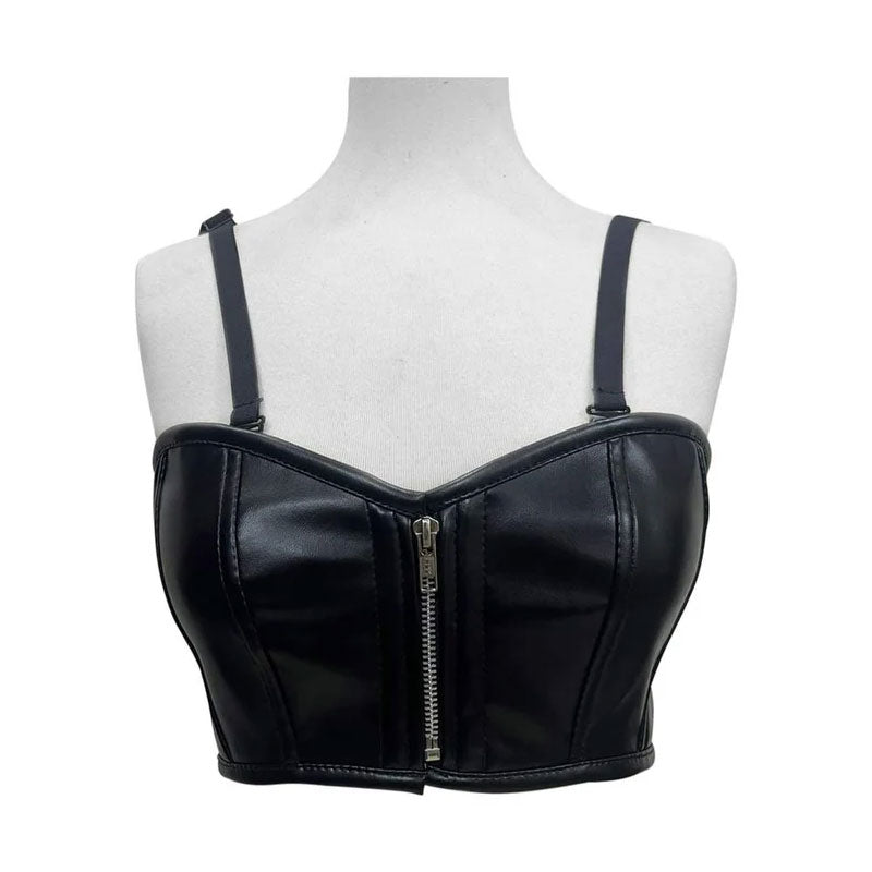 Handmade Black Faux Leather Zipper Bustier Top & Casual Skirt Outfit.