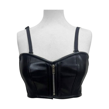 Handmade Black Faux Leather Zipper Bustier Top & Casual Skirt Outfit.