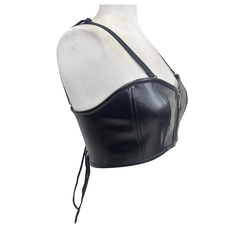 Handmade Black Faux Leather Zipper Bustier Top & Casual Skirt Outfit.