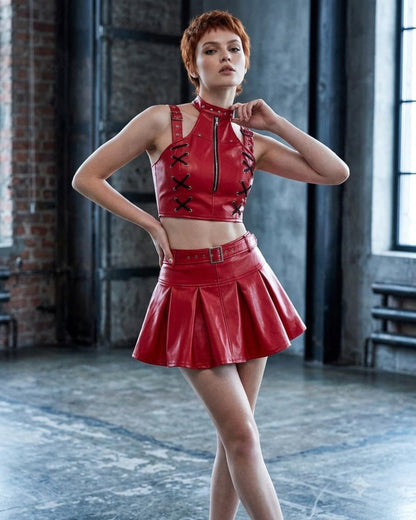 Red PVC Corset with Pleated Skirt & Strap Detail Set