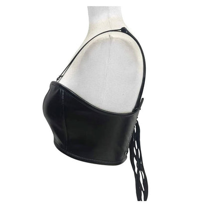Handmade Black Faux Leather Zipper Bustier Top & Casual Skirt Outfit.