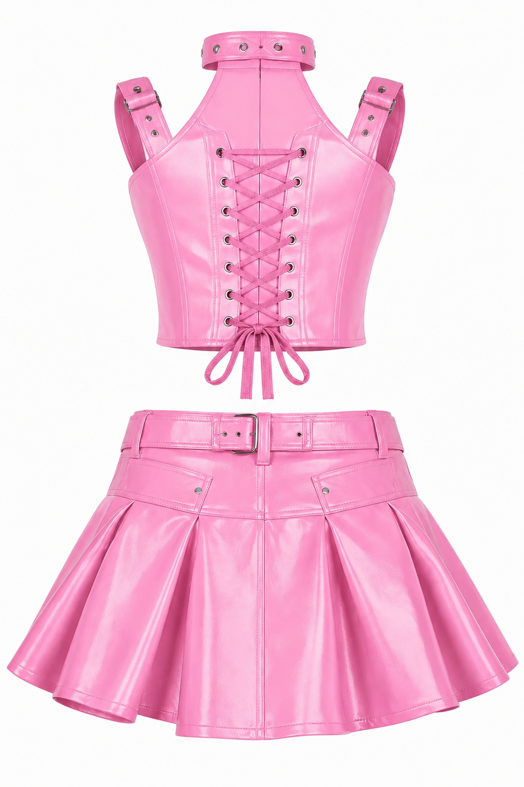 Pink PVC Corset with Pleated Skirt & Strap Detail Set