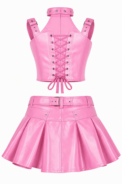 Pink PVC Corset with Pleated Skirt & Strap Detail Set