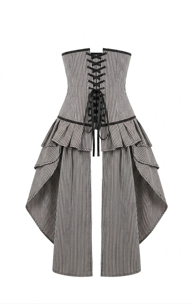Victorian Steampunk Black & White Striped Tail Corset