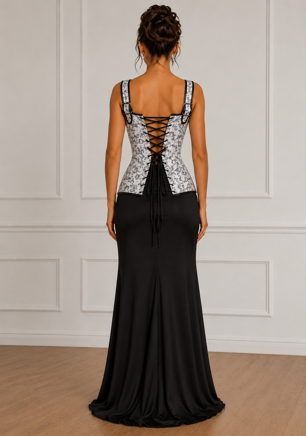White & Silver Brocade Corset with Shoulder Straps
