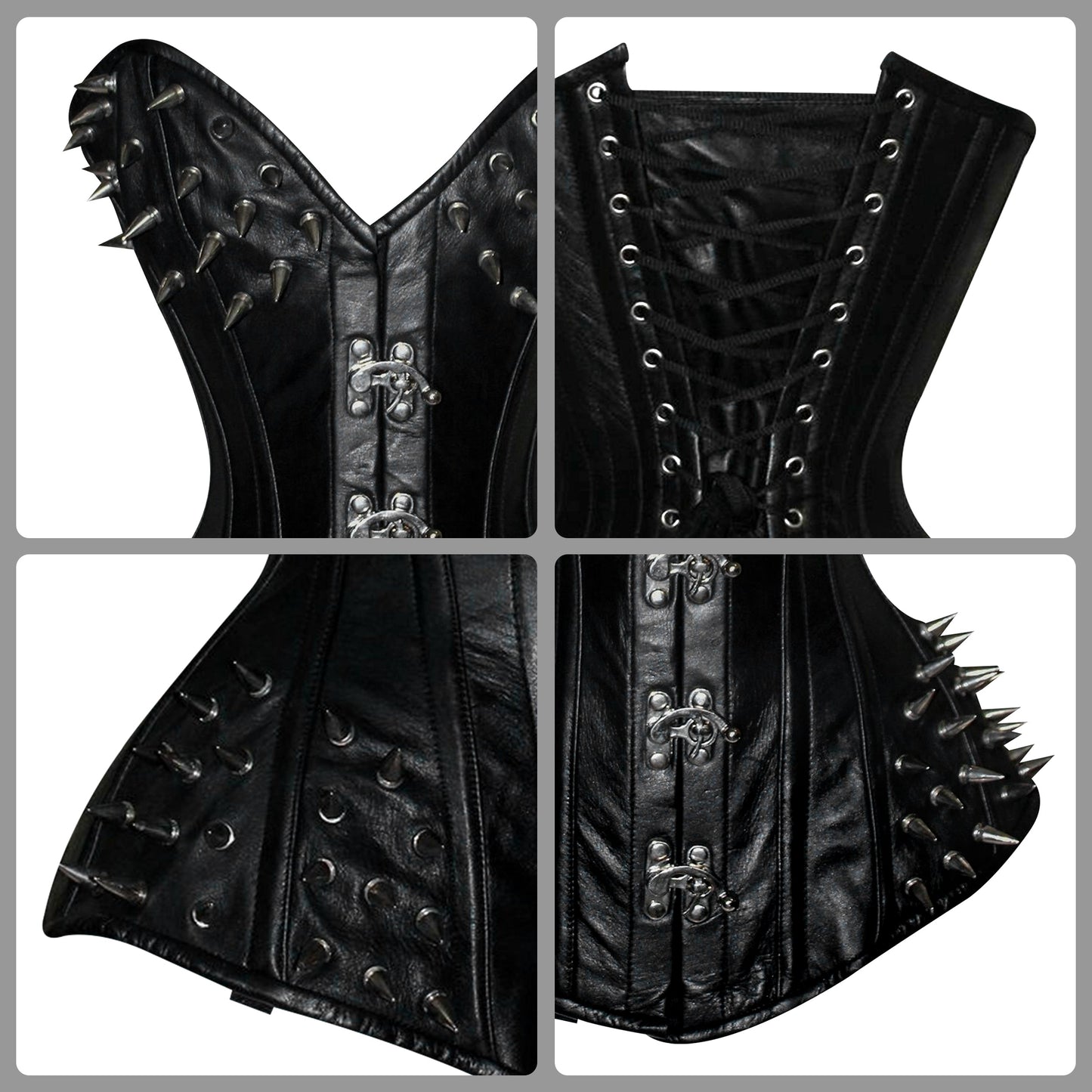 Handmade Black Spiked Steampunk Leather Steel Boned Overbust Corset