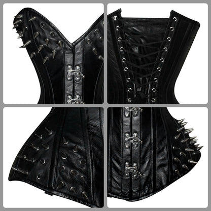 Handmade Black Spiked Steampunk Leather Steel Boned Overbust Corset
