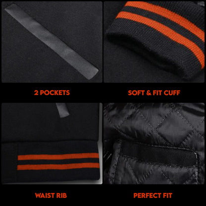 Black Baseball Jacket, Varsity Jacket with Real Leather Sleeves