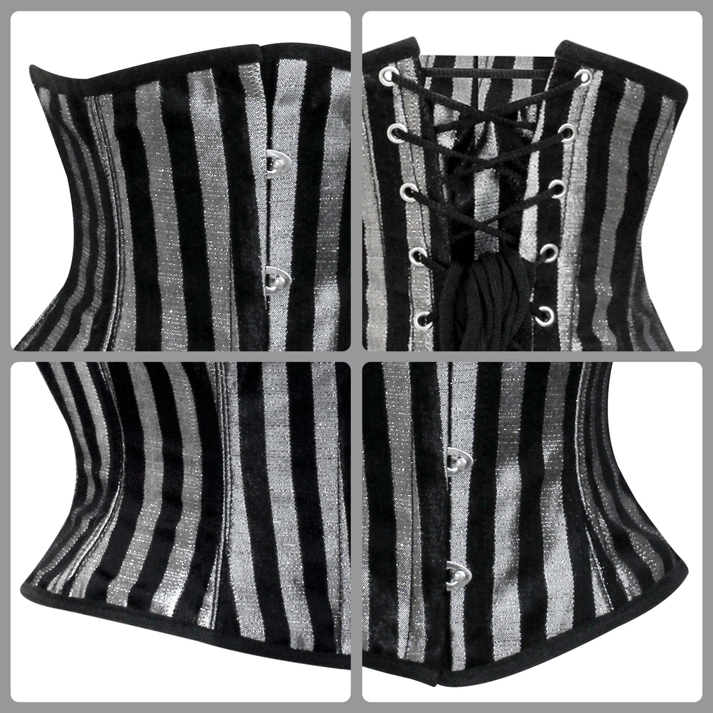 Handmade Silver Black Brocade Steel Boned Mini Cincher Corset