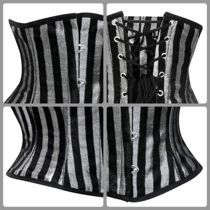 Handmade Silver Black Brocade Steel Boned Mini Cincher Corset
