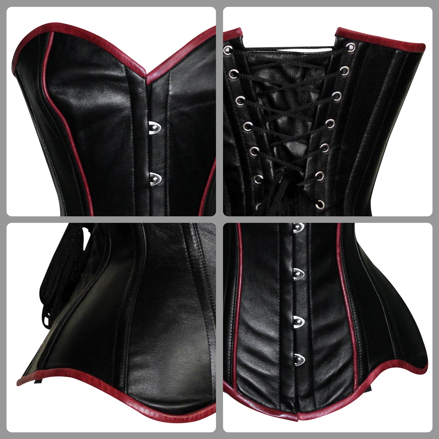 Handmade Black Red Trim Gothic Leather Steel Boned Overbust Corset