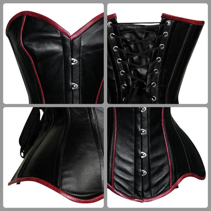 Handmade Black Red Trim Gothic Leather Steel Boned Overbust Corset