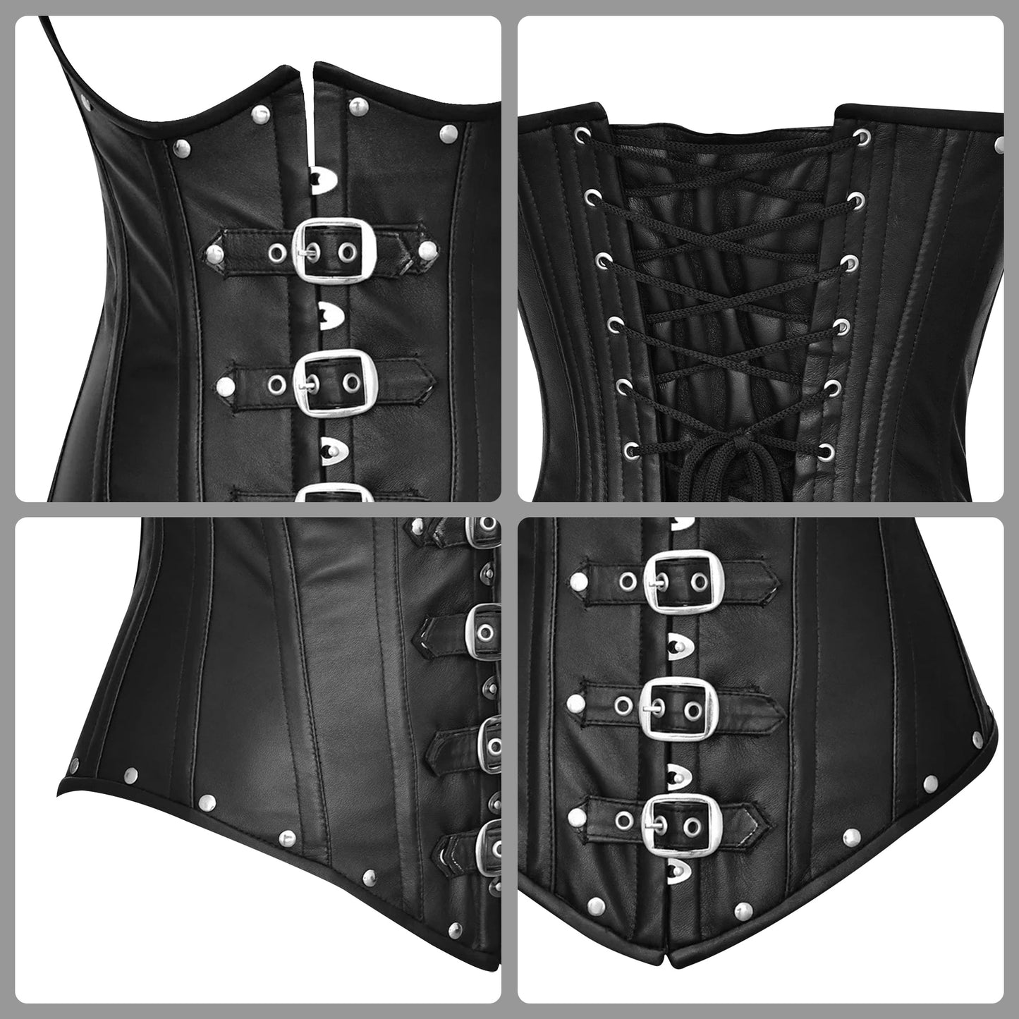 Black Steampunk Leather Steel Boned Underbust Corset
