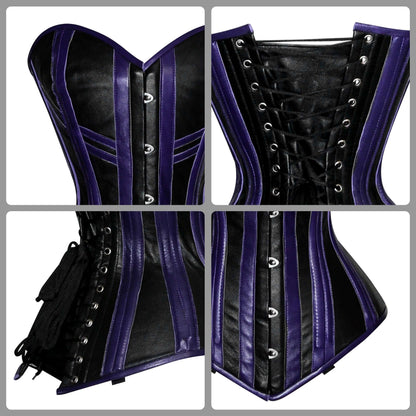 Handmade Black Purple Real Leather Steampunk Steel Boned Overbust Corset