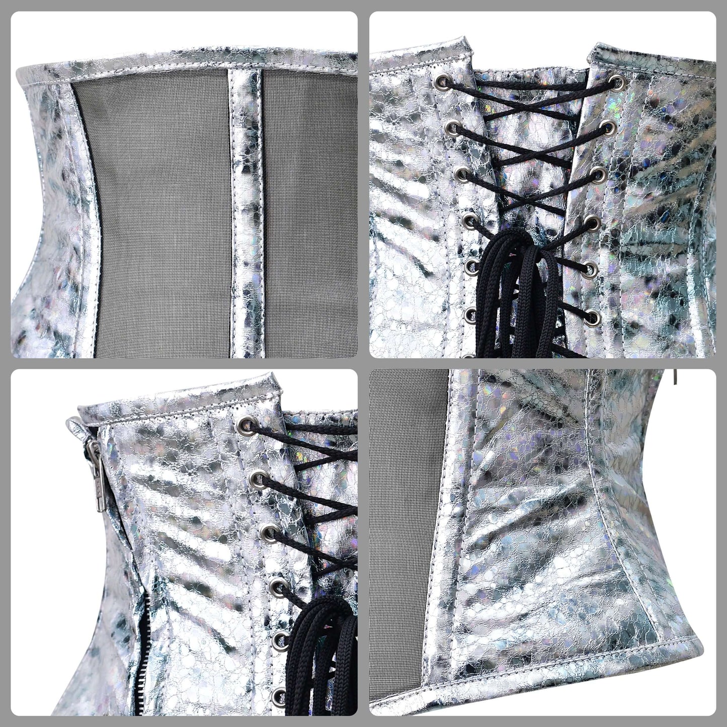 Silver crackle Holographic Sheer Mini Cincher corset/ Waist Trainer Short torso