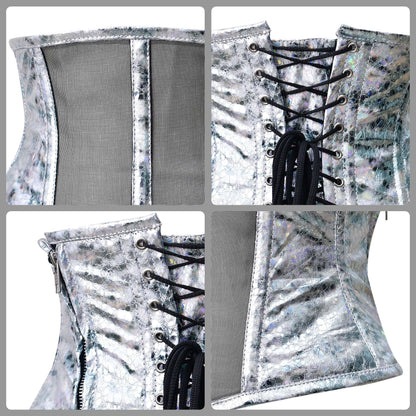 Silver crackle Holographic Sheer Mini Cincher corset/ Waist Trainer Short torso