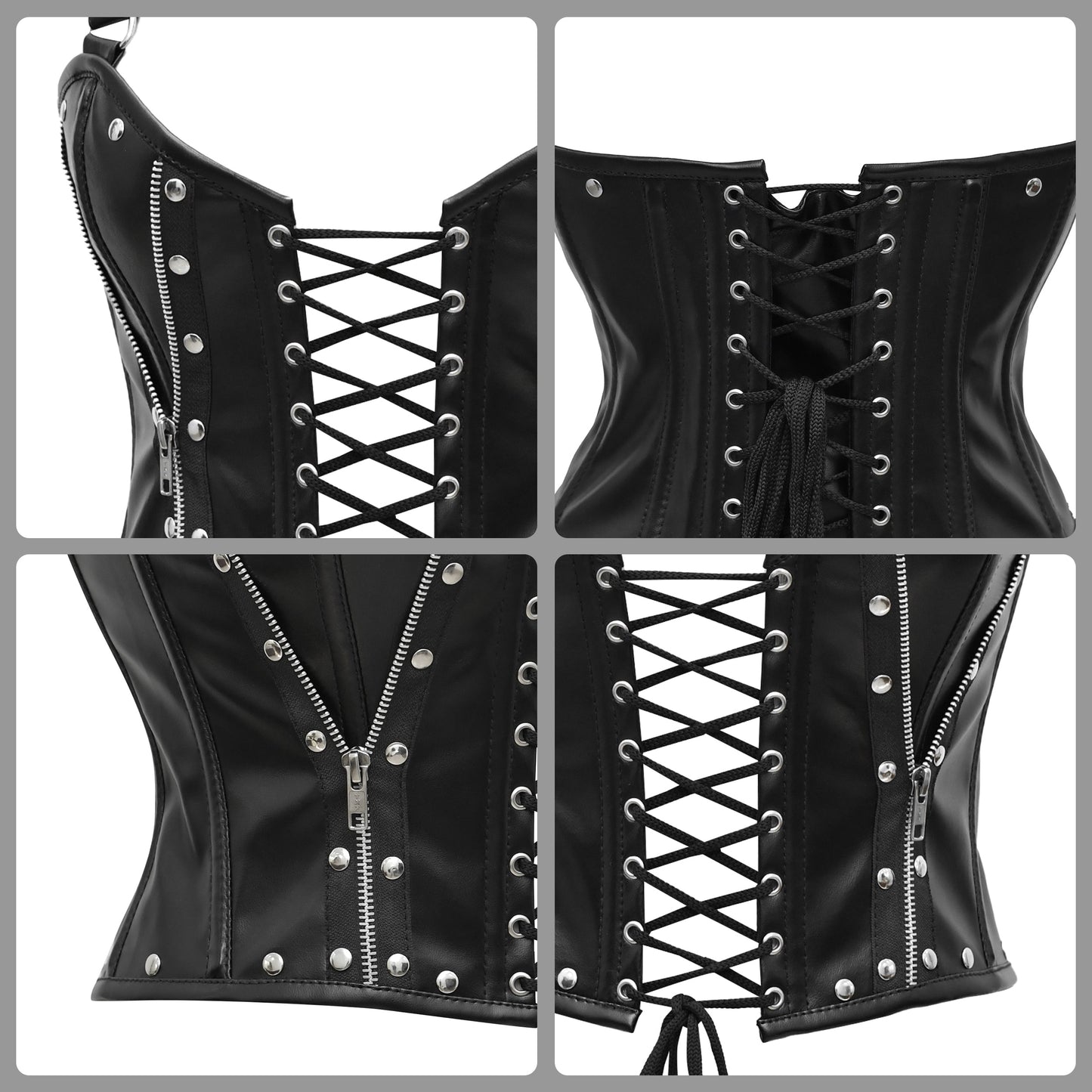 Black Real Leather Steel Boned Bustier Top corset w/ Halter Strap