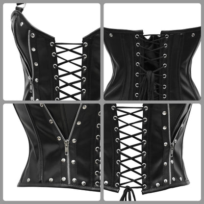 Black Real Leather Steel Boned Bustier Top corset w/ Halter Strap