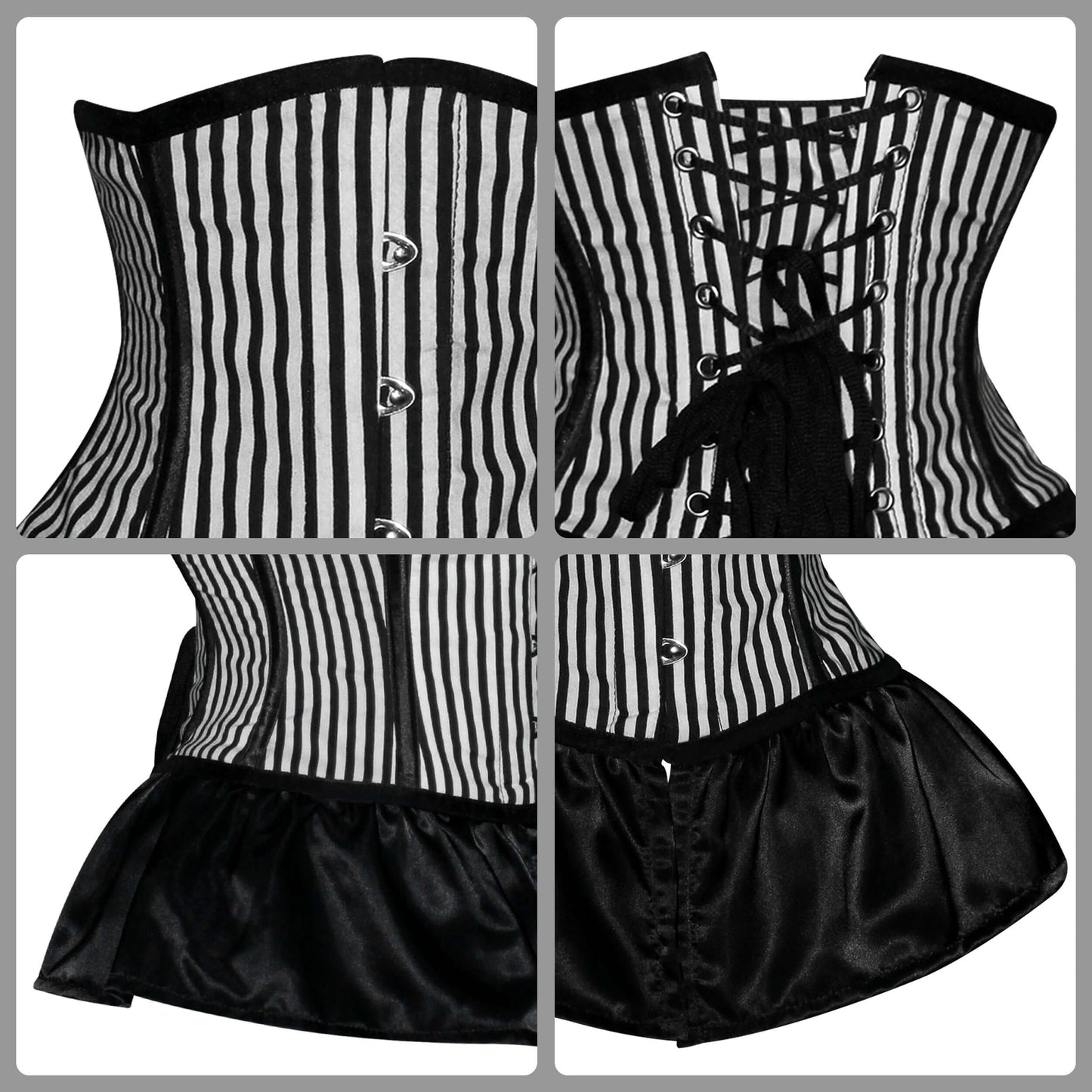 Handmade Black White Pinstripe Satin Steel Boned Underbust Fairy Flare Corset