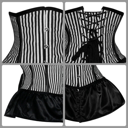 Handmade Black White Pinstripe Satin Steel Boned Underbust Fairy Flare Corset