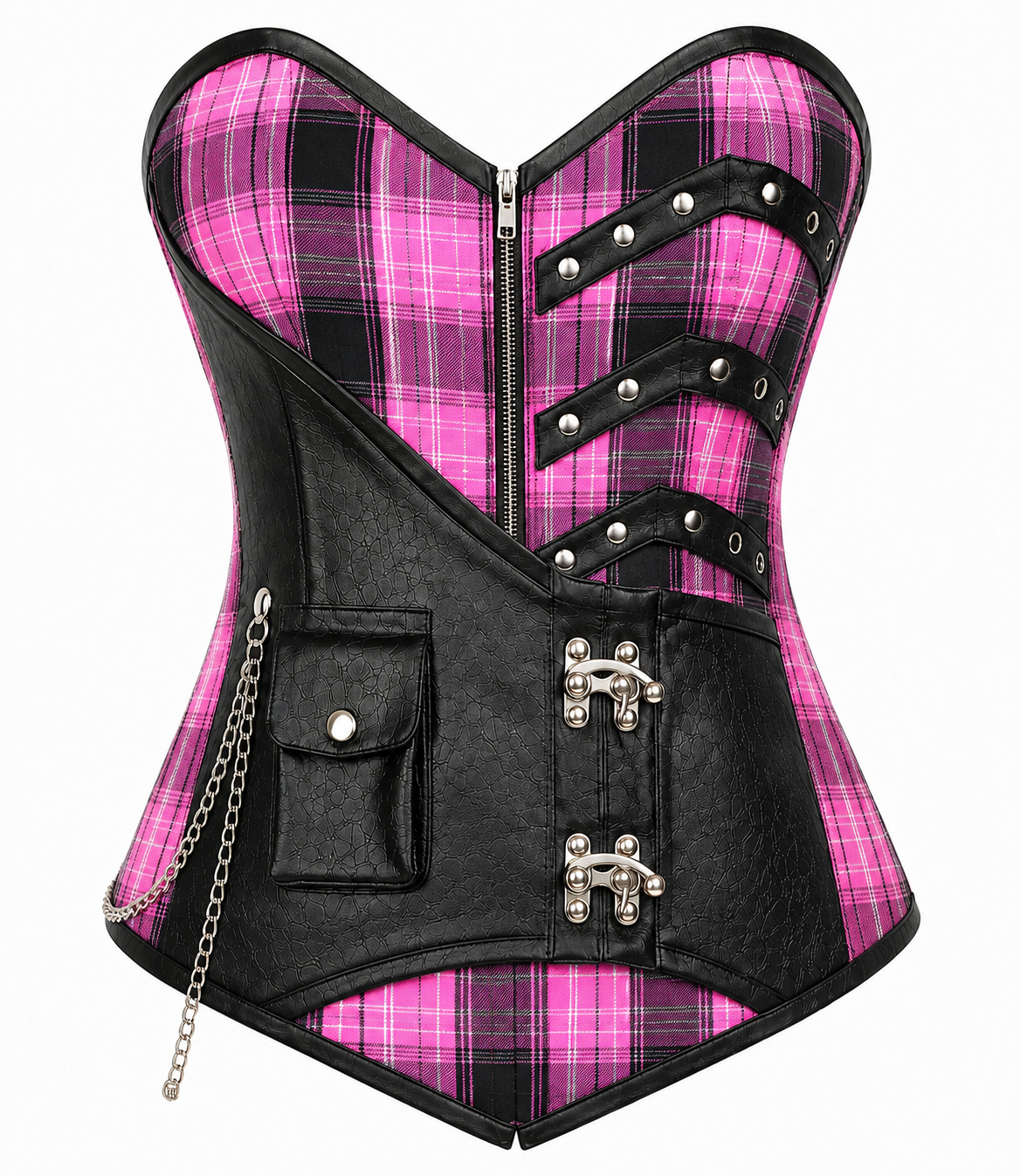 Pink Tartan Rebel Overbust Corset with Chains & Buckles.
