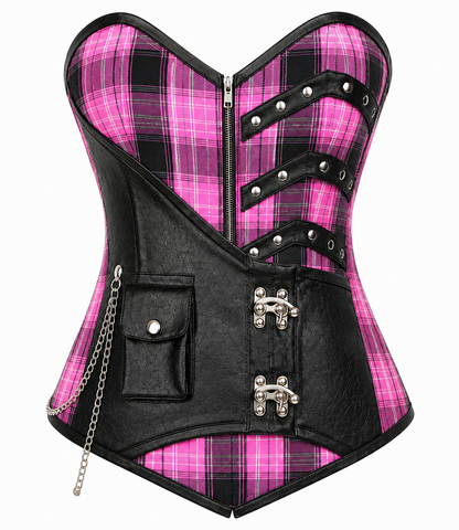Pink Tartan Rebel Overbust Corset with Chains & Buckles.