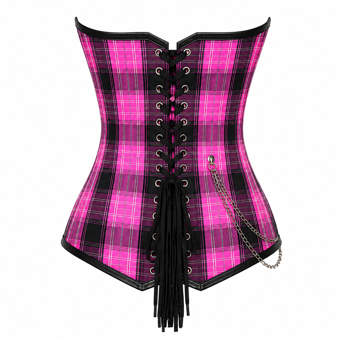 Pink Tartan Rebel Overbust Corset with Chains & Buckles.