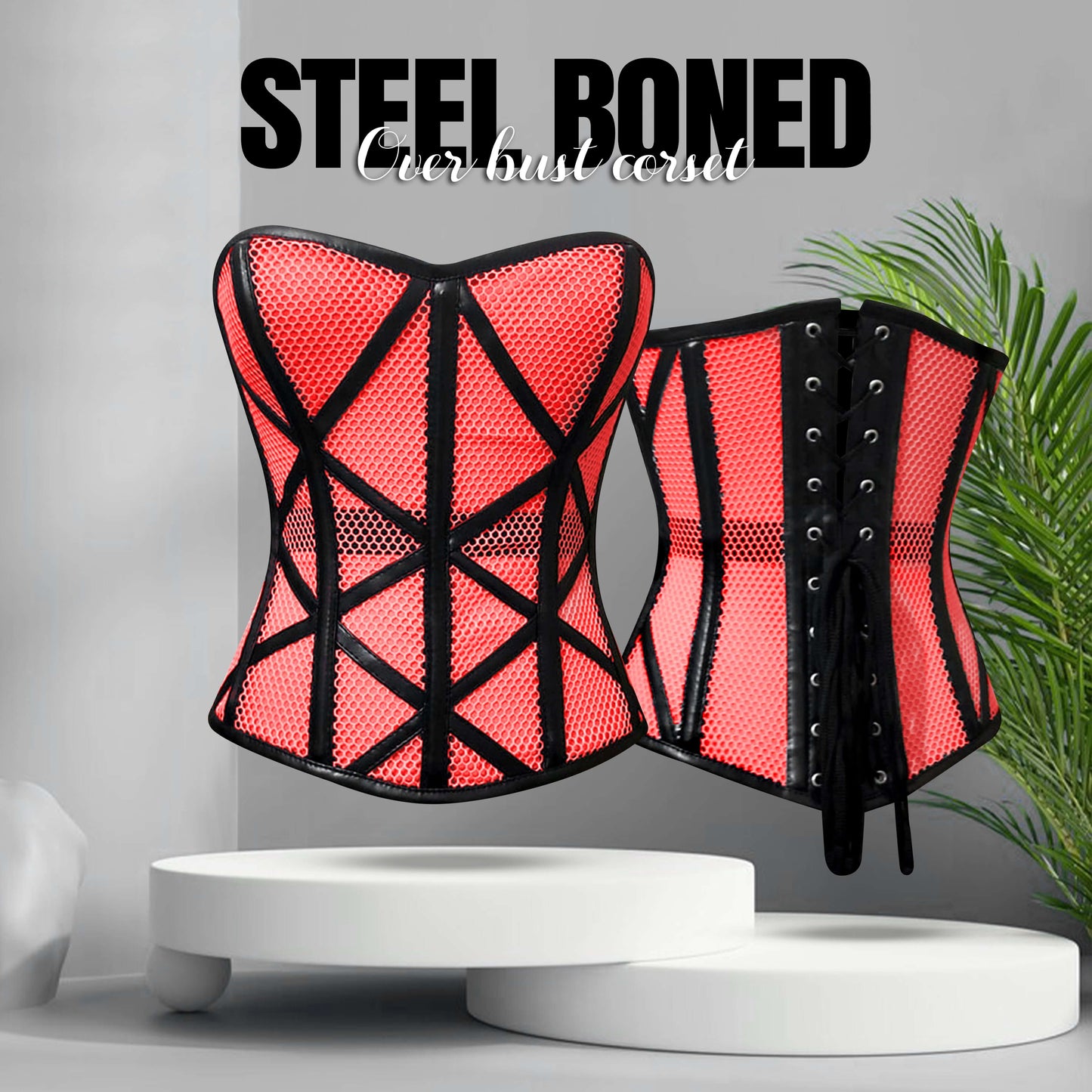 Stylish Overbust Faux/Fishnet Steel boned Corset
