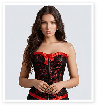 Plus Size Red Brocade Overbust Corset - Laced Corset