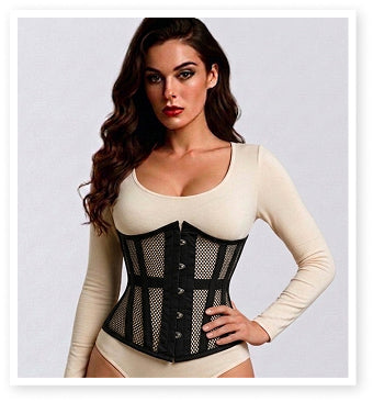 Short Torso Cotton Under bust Steel Boned Corset w/ Fishnet