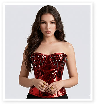 RED Metallic PVC Steel Boned Bustier Top corset w/ Spikes