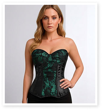 Green Satin Steel Boned Over bust corset Top w/ Flower Lace Overlay
