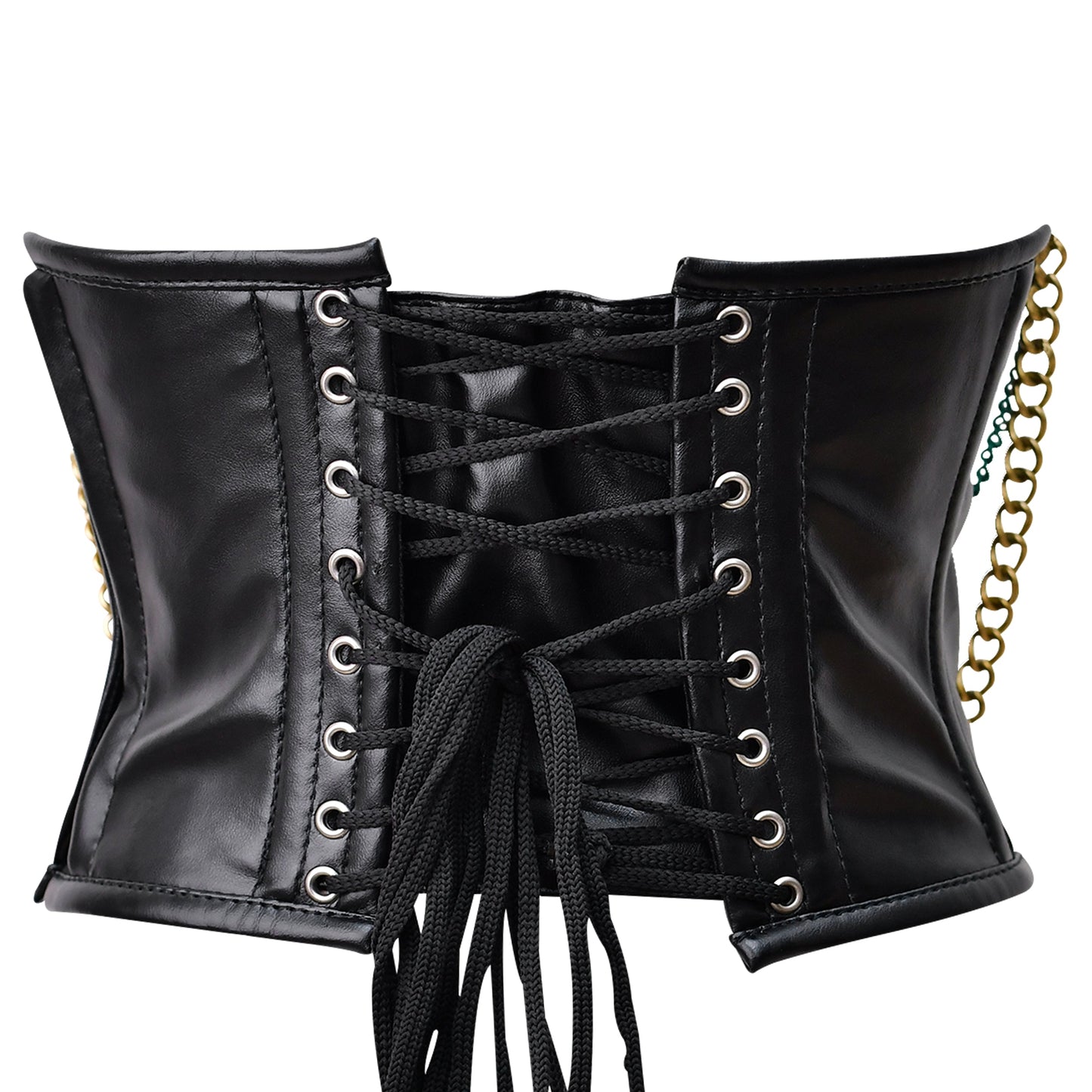 Steampunk steel boned faux leather bustier with bullet spikes, offering waist reduction and back support, perfect for creating a flattering silhouette.