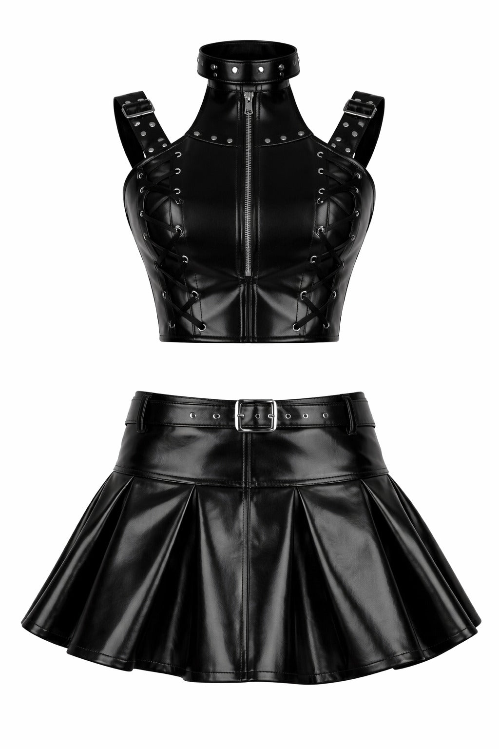 Black PVC Corset with Pleated Skirt & Strap Detail Set