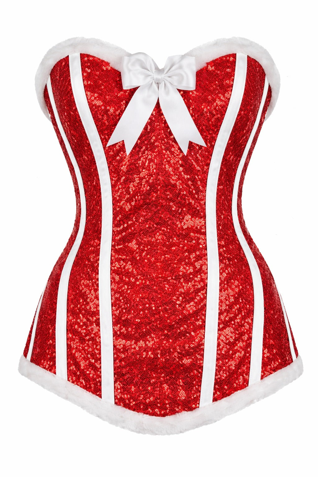 Red Sequin Overbust Corset with Faux Fur Trim & Bow