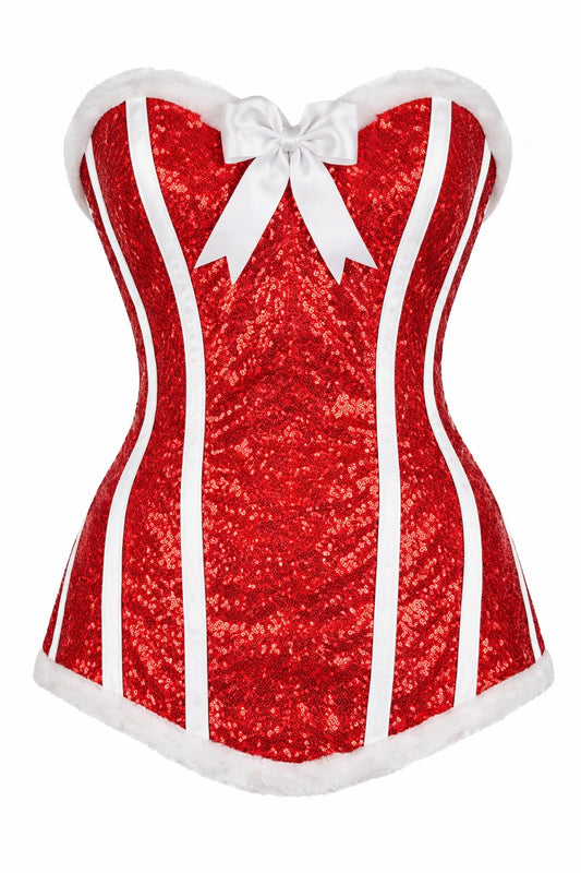 Red Sequin Overbust Corset with Faux Fur Trim & Bow