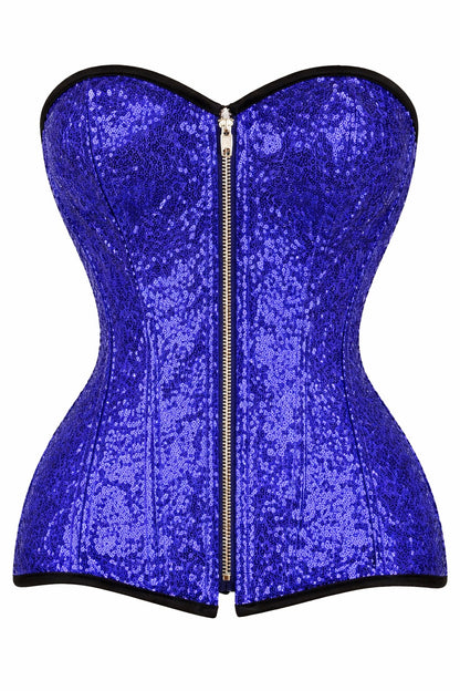 Royal Blue Sequin Overbust Corset with Front Zipper