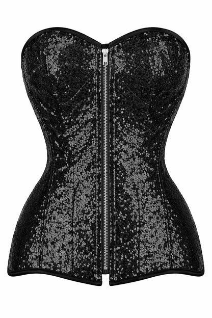 Black Sequin Overbust Corset with Front Zipper