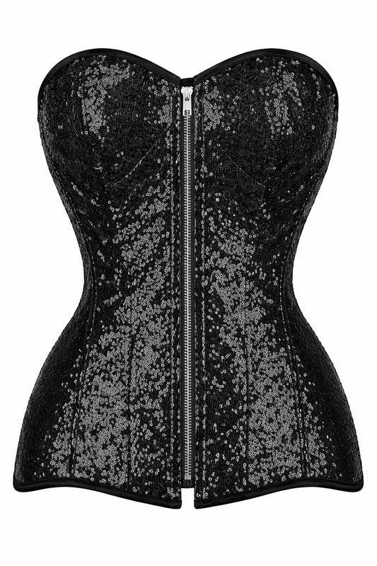 Black Sequin Overbust Corset with Front Zipper